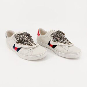 Gucci Crystal Bow Ace Sneakers EU 37.5 US 7.5 White Leather Low Top Lace Up Shoe